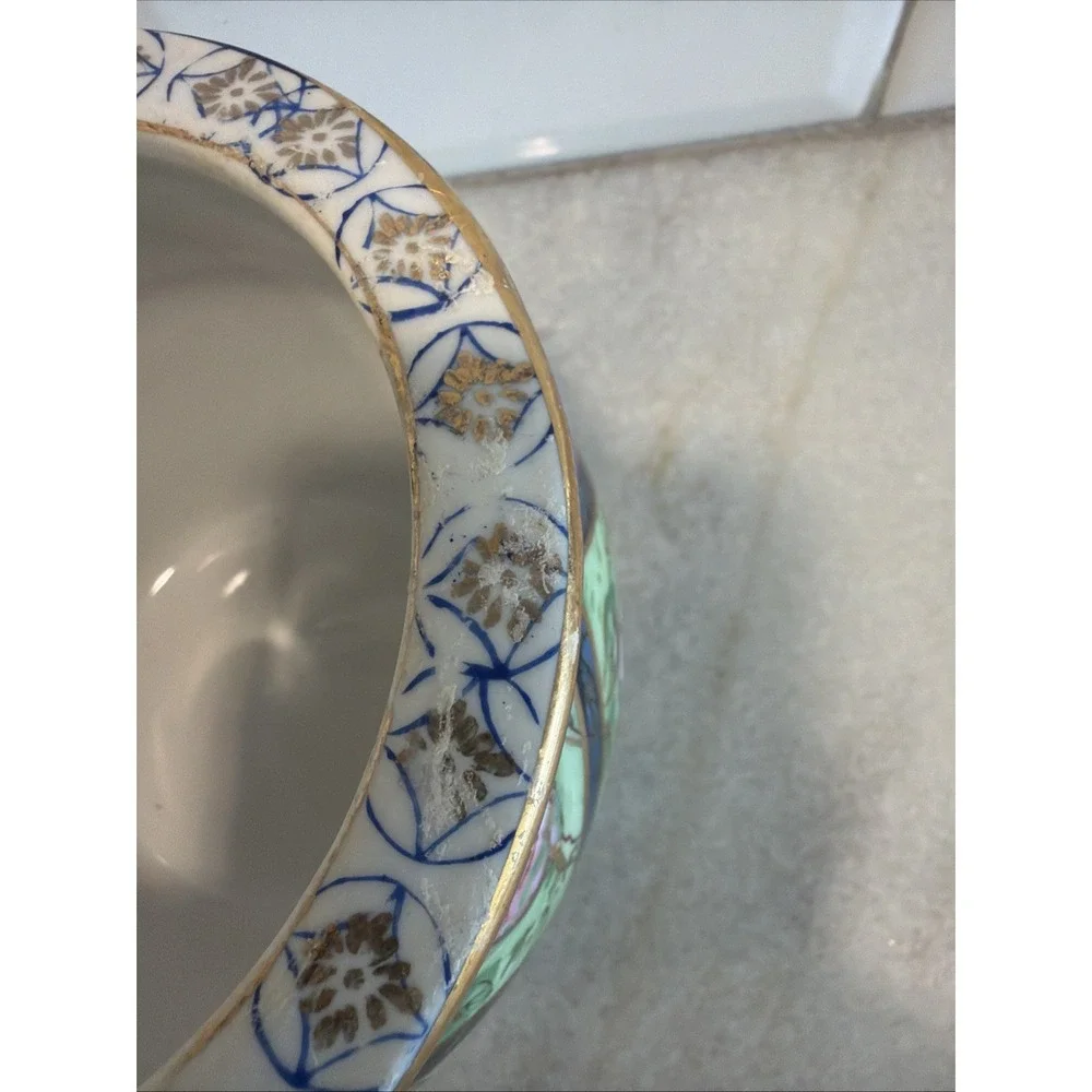 Lemax Ceramic Flower Pot Vase Green/blue/pink Roses Garden Gold Gilt 4